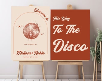 Digital Wedding Welcome Sign Groovy Retro Wedding Entrance Cerise Pink Two Board Yellow Accent Edit Disco Ball Theme Entrance Sign Brown