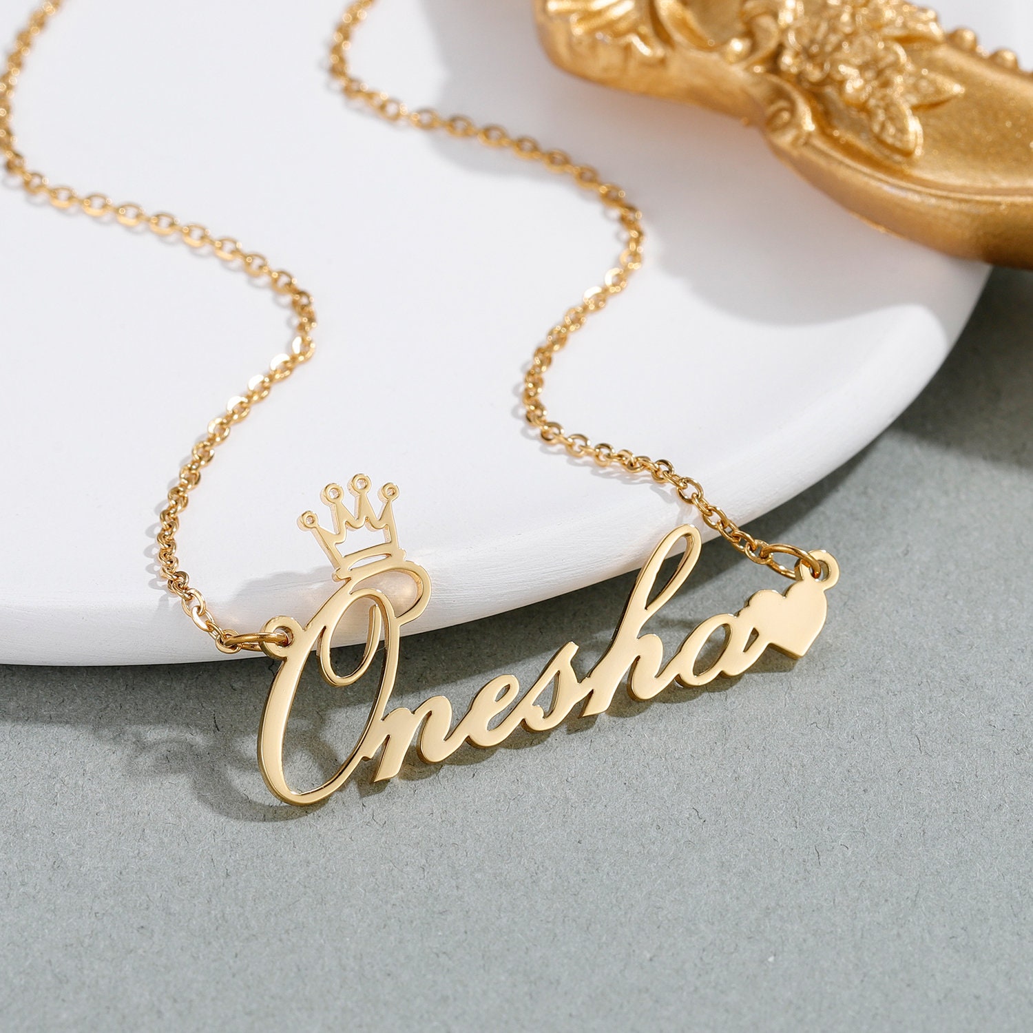 DemiJewelry Custom Name Necklace Engraved Gold Plated Personalized Sterling Silver Heart Crown Pendant Gift for Women Girls