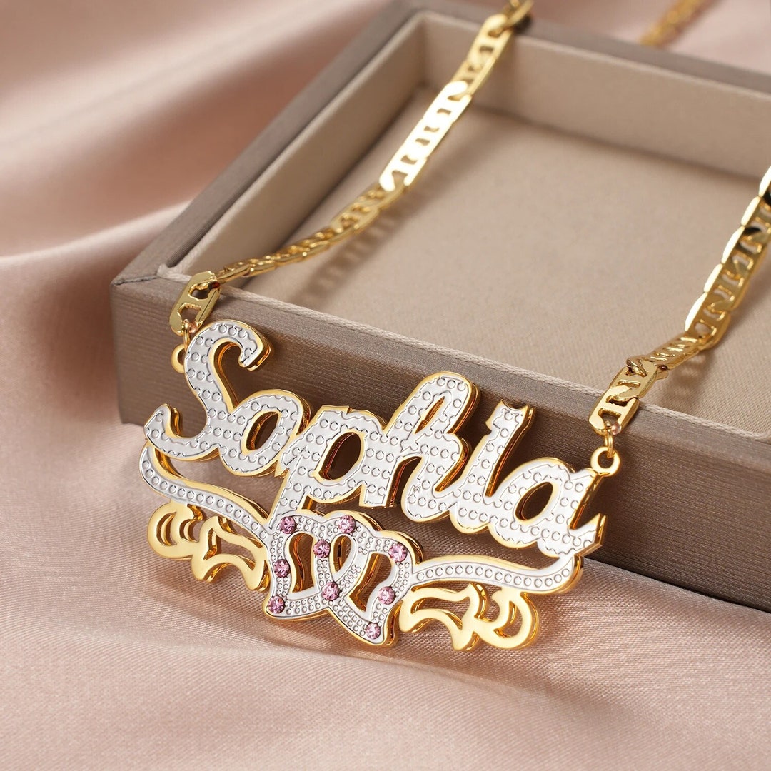 18k Gold Double Plated Name Necklace, Birthstone Name Necklace, Custom Nameplate Name Necklace
