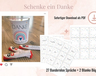 May include: Printable PDF download of 27 thank you banner designs with a rainbow and heart design. The download also includes 2 blank banners. The image shows a sample banner on a small gift box with a chocolate bar.