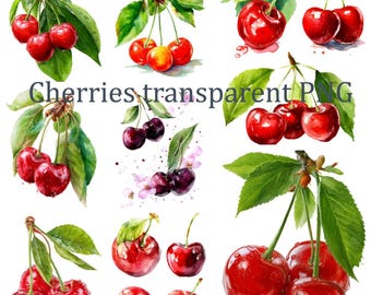 Watercolor Cherries Clipart Set, Transparent PNG Fruit Images for Invitations & Scrapbooking, Commercial Use Craft Supplies