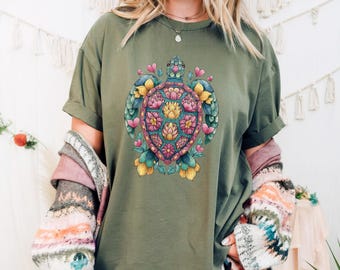 Sea Turtle PNG Sublimation Design with Floral and Hearts | Tropical Beach Animal Clipart for T-Shirts | Summer Cute Turtle Instant Download