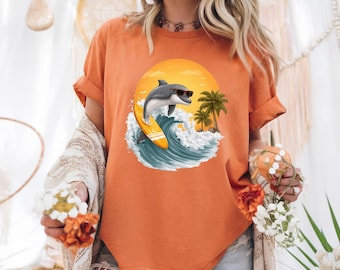 Surfing Dolphin PNG – Kawaii Summer Beach Shirt Design, Tropical Sublimation PNG, Cute Dolphin with Sunglasses and Surfboard