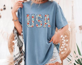 Floral Varsity USA 4th of July Digital PNG, Transparent Background, Patriotic American Design, Instant Download