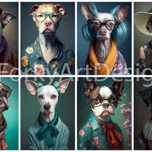 Bundle de clipart drôle de chien - chiens à la mode colorés portant des vêtements PNG JPEG pour un usage commercial