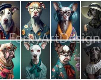 Funny Dog Clipart Bundle - Colorful Fashionable Dogs Wearing Clothes PNG JPEG for Commercial Use