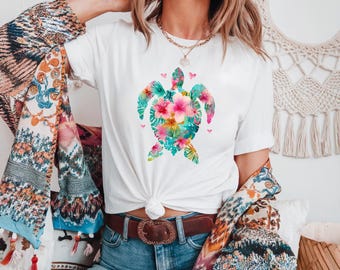 Boho Floral Sea Turtle PNG Sublimation Design | Tropical Beach Animal Clipart for T-Shirts | Summer Cute Turtle Instant Download