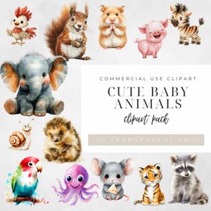 Aquarell Baby Tiere Clipart Bundle - 150 süße Kinder PNG mit transparentem Hintergrund für Kinderzimmer, Scrapbooking und kommerzielle Nutzung