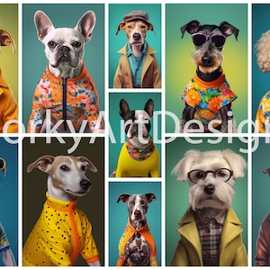 Funny Dog Clipart Bundle 60s Vintage Retro Fashion Dog Wearing Clothes Like Human PNG JPEG Commercial Use