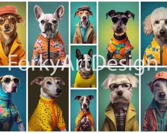 Funny Dog Clipart Bundle 60s Vintage Retro Fashion Dog Wearing Clothes Like Human PNG JPEG Commercial Use