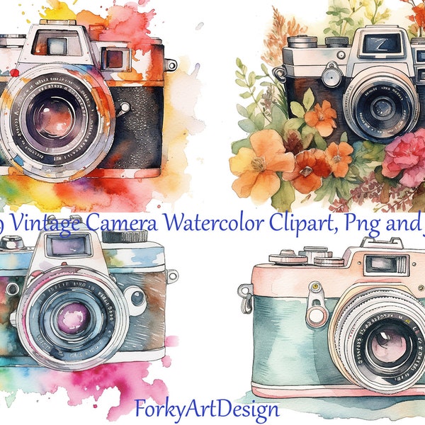Vintage Camera Watercolor Clipart, 29 PNG Cameras Transparent Png, Old school film camera, Retro camera, commercial use