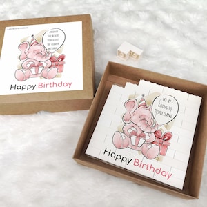 Puzzle di mattoncini con messaggio di sorpresa di compleanno, puzzle di costruzione e rivelazione di carte di compleanno, puzzle di blocchi di foto stampate con carte di rivelazione a sorpresa