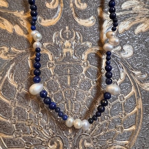 Lapis Lazuli & Pearl Necklace | Handmade Gemstone Jewelry | Elegant Blue Lapis , White Pearl Pendant | Gift for Her | Chic Beaded Necklace