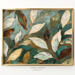 Abstract Leaf Art, Botanical Prints, Painted Green Gold Home Decor, Modern Nature-Inspired instant PRINTABLE artwork Bot36