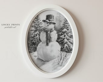 Dibujo de muñeco de nieve, pinos de invierno, arte en blanco y negro (descarga digital)