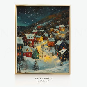 Christmas wall art, enchanting snow-covered town houses, cozy sene night, digital download, PRINTABLE print, Christmas Winter decor Win12