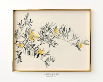 Lámina botánica de flores amarillas, ilustración floral minimalista (descarga digital)