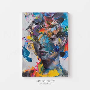 Abstract portrait, colorful painting, modern wall art, vibrant printable poster, expressive face, instant download home decor print Abs102