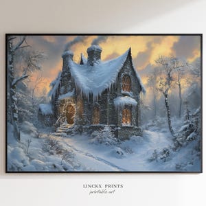 Winter Cottage Wall Art, Snowy Landscape Printable, Christmas Home Decor, Instant Digital Download for Cozy Seasonal Atmosphere Win116