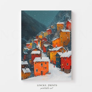 Winter village print, enchanting snow-covered town houses, cozy sene night, digital download, PRINTABLE wall art, Christmas decor Win15