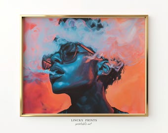 Neon Afro Portrait Art Print, Modern Smoke Painting (Digital Download)