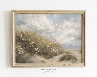 May include: An oil painting of a coastal scene with a sandy path leading to the beach. The artwork features tall grasses, white wildflowers, and a cloudy sky. The painting is framed in a distressed, light-colored wooden frame. The text "LINCKX PRINTS printable art" is at the bottom.
