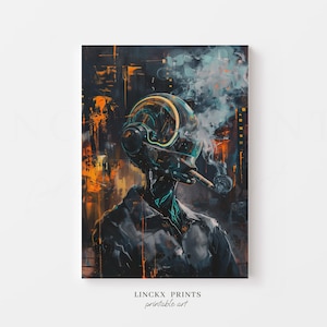 Arte de parede cyberpunk, impressão abstrata de ficção científica, pintura digital futurista, pôster neon noir, cabeça de robô, decoração moderna para casa, arte dark tech Abs67