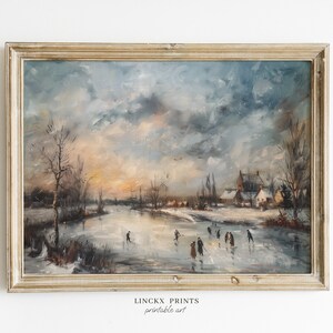 Ice Skating Village Winter Print, Vintage Snowy Landscape (Digital Download)
