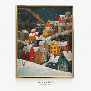 Winter village print, enchanting snow-covered town houses, cozy sene night, digital download, PRINTABLE wall art, Christmas decor Win11