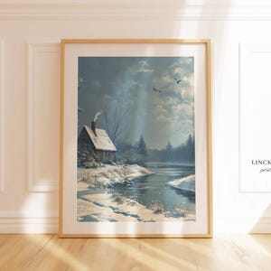 Winter Cabin Wall Art, Snowy Landscape Printable, Serene River Scene ...