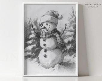 Dibujo navideño de muñeco de nieve, boceto de pinos invernales (descarga digital)