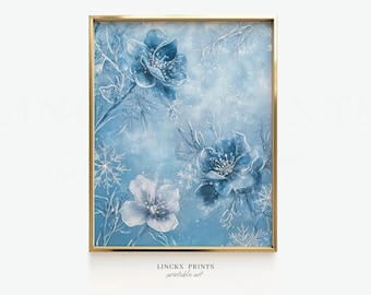 Frosted Blue Floral Print, Snowflake Winter Decor (Digital Download)