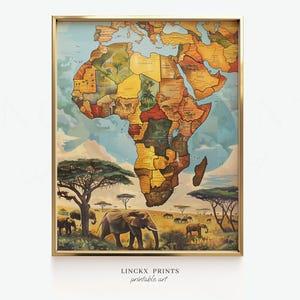 Arte murale con mappa africana, stampabile con fauna selvatica del safari, poster di viaggio vintage, download digitale, decorazione con elefante, stampa africana, ufficio domestico Ret09