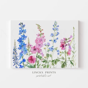 Botanischer Druck – zarte Blumen-Aquarell, rosa-blaue Gartenkunst, blühende Blütenblätter-Poster, charmante ruhige Zimmer-Wanddekoration – bot10