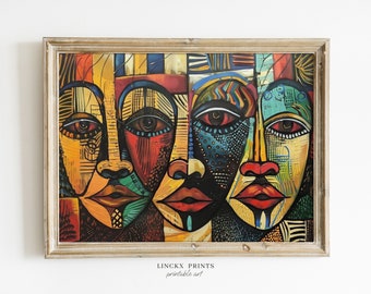 Abstract Art print, Tribal Masks Collage, African Canvas, Multicolor Ethnic Decor, Bold Cultural Painting, Instant Artwork Download - Abs09