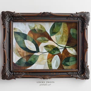 Foglia astratta, arte murale autunnale, stampa botanica verde marrone, pittura geometrica moderna della natura, arredamento minimalista per la casa, poster STAMPABILE Abs76