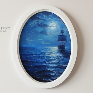 Seascape painting, Moonlit Maritime Wall Decor PRINTABLE Vintage Ship Sailing Night Ocean Scene, Nautical Art Print, Digital Download #Sea26