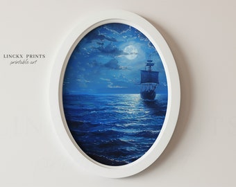 May include: A painting of a ship sailing on a dark blue sea under a full moon. The sky is filled with clouds and the moon is shining brightly. The ship is silhouetted against the moon and the clouds.