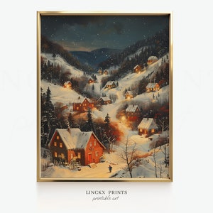 Winter village print, enchanting snow-covered town houses, cozy sene night, digital download, PRINTABLE wall art, Christmas decor Win16