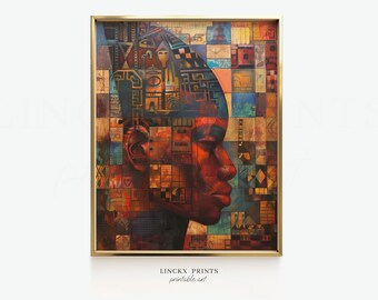 African Face Portrait Print, Abstract Geometric Art (Digital Download)