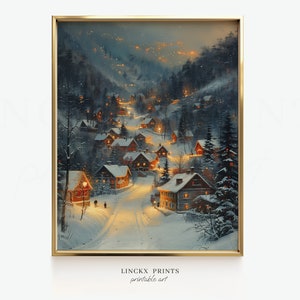Winter village print, enchanting snow covered town houses, cozy sene night, digital download, PRINTABLE wall art, Christmas decor Win13