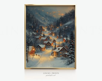Winter Village Print, Enchanting Snow Scene (Digital Download)
