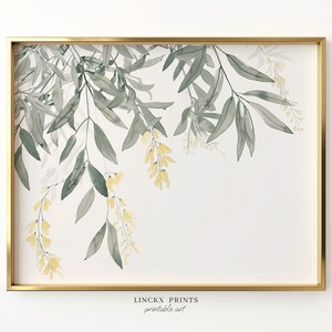 Botanical Print, Yellow Floral Art, Green Leaf Decor, Elegant Wisteria Watercolor Painting for Instant Wall flower - Downloadable - bot17