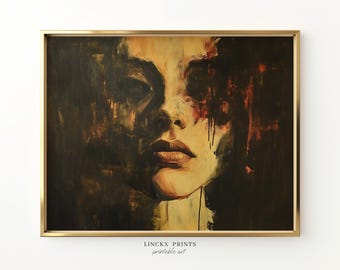 Abstract Portrait Wall Art, Dark Figurative Painting, Emotional Printable Poster, Halloween Modern Decor, Instant Digital Download Aut17