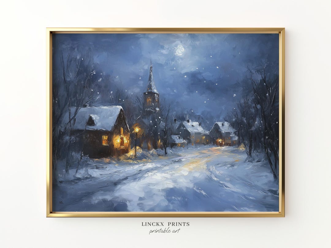 Winter Village Wall Art, Snowy Night Printable Poster, Winter Landscape ...