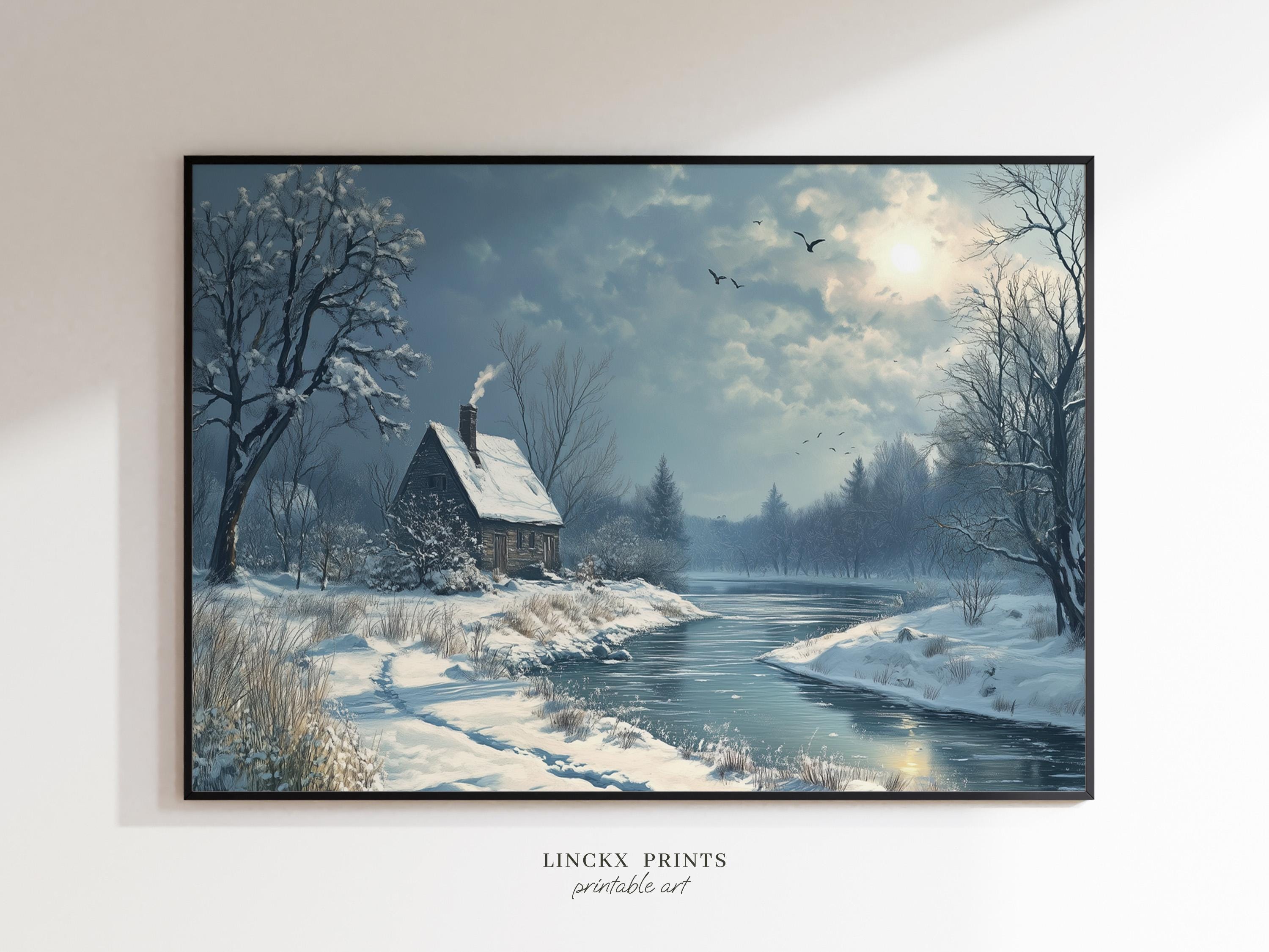 Winter Cabin Wall Art, Snowy Landscape Printable, Serene River Scene ...