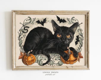 May include: A black cat with orange eyes sits between two jack-o'-lantern pumpkins. The cat is surrounded by stylized vines and bats. The image is in a vintage style.