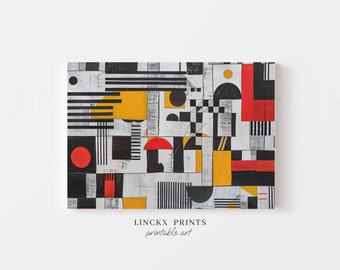 Modern Geometric Art Print, Red Yellow Accents (Digital Download)