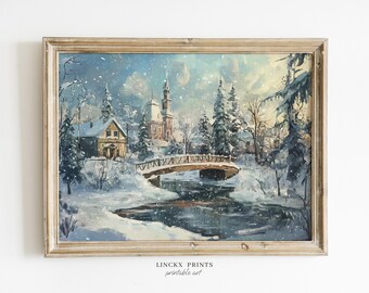 Winter Village Print, Snowy Landscape Artwork, Rustic Bridge Scene, Holiday Home Decor, Christmas Wall Art, Instant Digital Download Win62