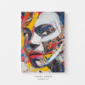 Peut inclure: Peinture abstraite d'un visage avec des couleurs vives, notamment le jaune, le bleu, le rouge et le blanc. La peinture est réalisée dans un style texturé, avec des coups de pinceau visibles.